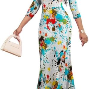 Maxi Dresses for Women Casual V Neck 3/4 Sleeve