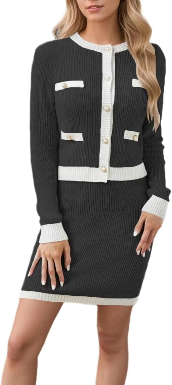 Sumleno Womens 2 Piece Preppy Sweater Cardigan Skirt