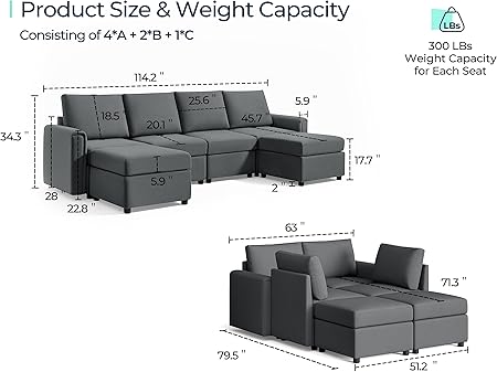 LINSY HOME Modular Sectional Sofa, - Image 2