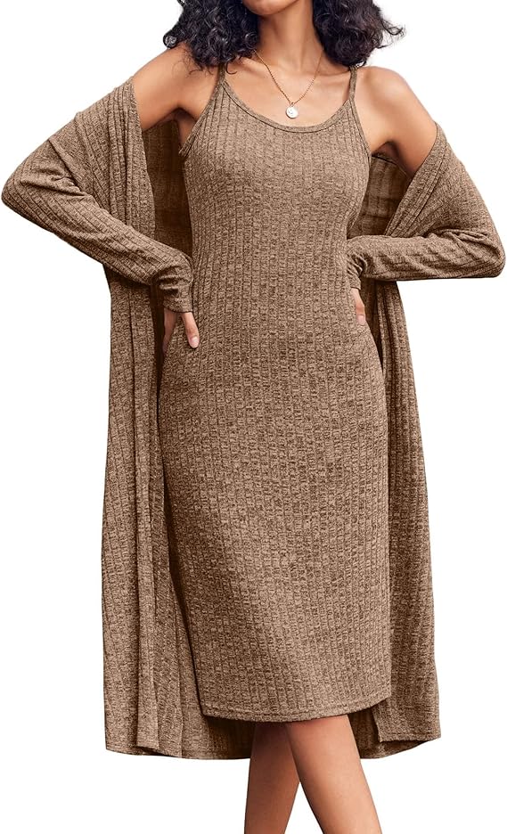 Ekouaer Womens Knit Robe Set 2 Piece Nightgown