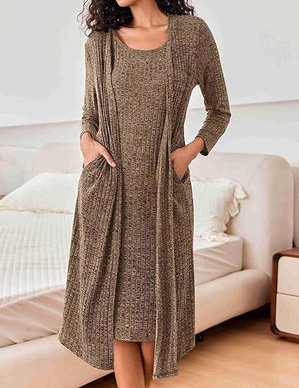 Ekouaer Womens Knit Robe Set 2 Piece Nightgown - Image 2