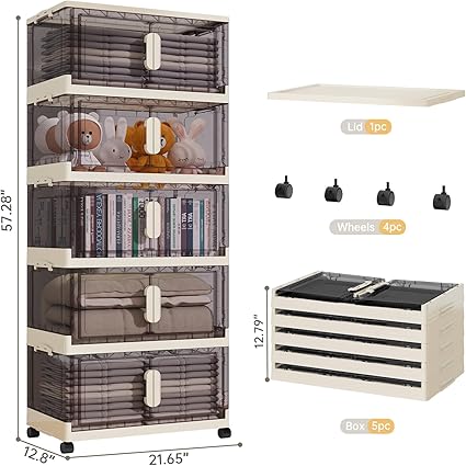 Storage Bins with Lids,48 Quart Plastic Storage Bins,5 Packs Collapsible Storage Bins with Wheels and Door - Image 2