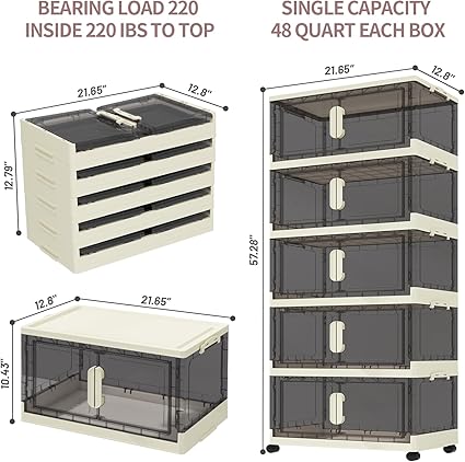Storage Bins with Lids,48 Quart Plastic Storage Bins,5 Packs Collapsible Storage Bins with Wheels and Door - Image 5